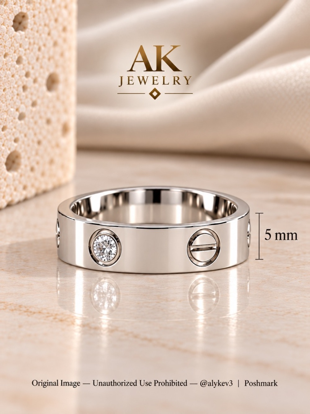 💎LUXURY 5mm Width Titanium Silver RING, Diamond & Screw Drill | AK Jewelry™